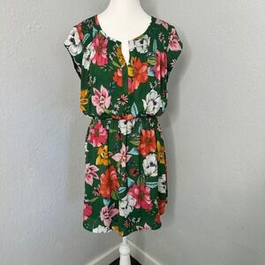 DR2‎ Green Floral Print sun he'd waist casual Dress womens size medium